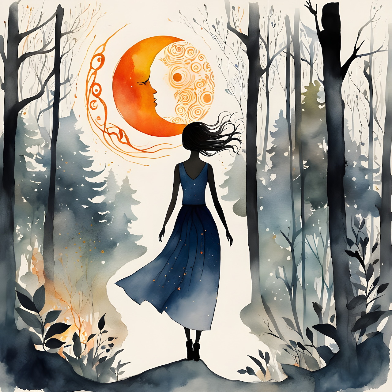 Woman in Moonlit Forest