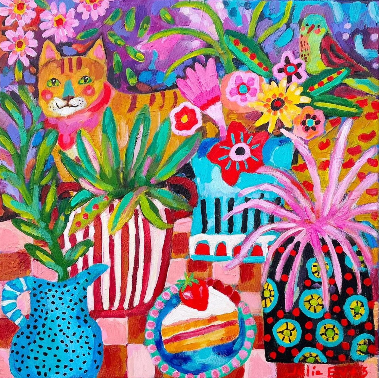 Colorful painting of an orange cat among flowers, plants, and patterned vases