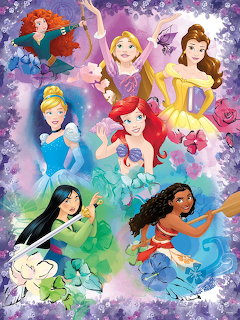 Collage of seven Disney princesses arranged in a circle with purple starry background and colorful flowers