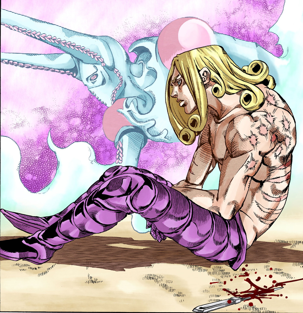 Anime-style blond character sitting on the ground beside a pale blue rabbit-like figure