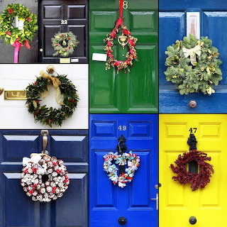Christmas Wreaths on Colorful Doors