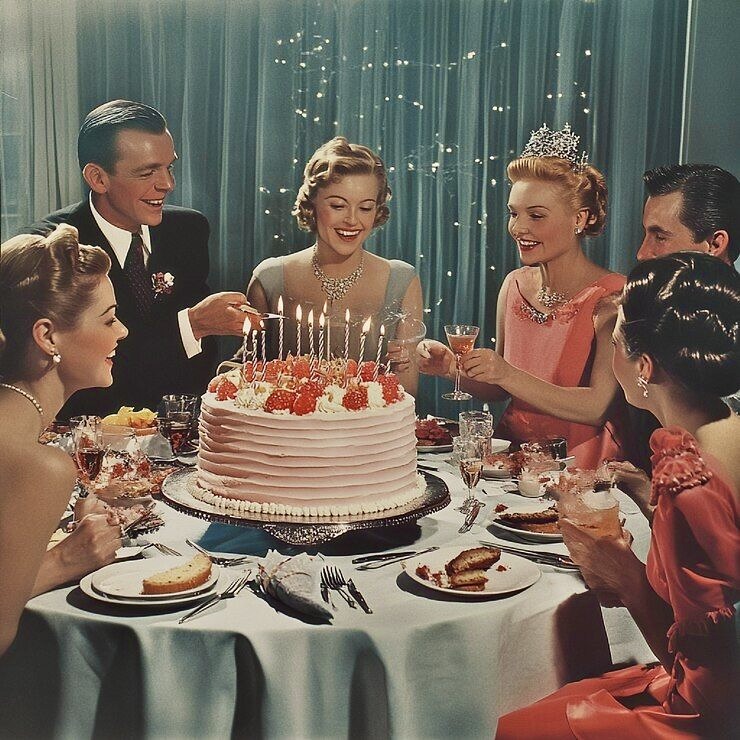 Vintage photo of friends around a birthday cake with candles at a formal dinner table