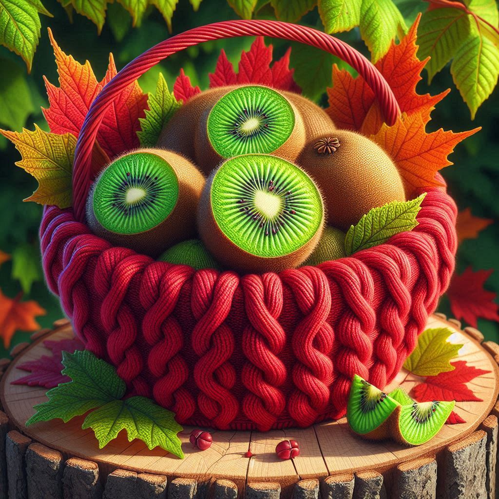 Red woven basket of whole and sliced kiwi fruit with autumn leaves on a wooden stump