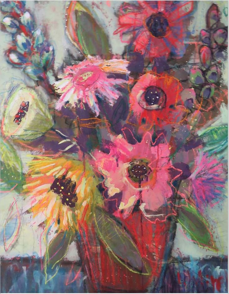 Colorful mixed-media painting of a vibrant flower bouquet in a red vase with sunflowers and pink bloms