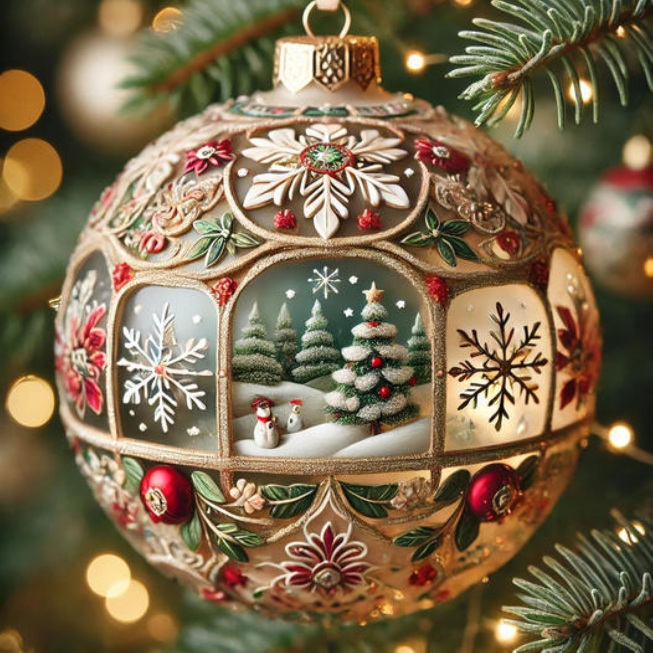 Ornate gold Christmas ball ornament with snowflakes and winter scene window featuring snowman, hanging on pine tree