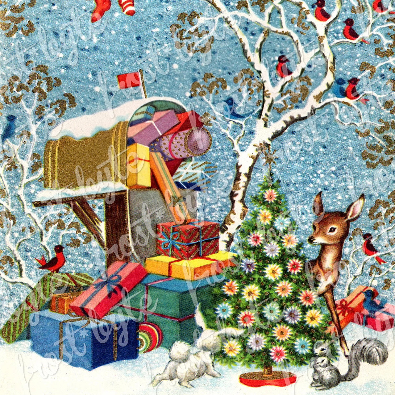 Winter scene with Christmas mailbox, gifts, decorated tree, deer and cardinals in snow