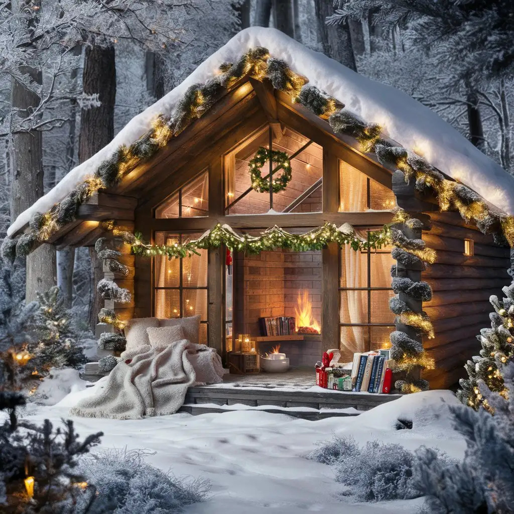 Illuminated log cabin with Christmas decorations covered in snow surrounded by frosted trees at twilight