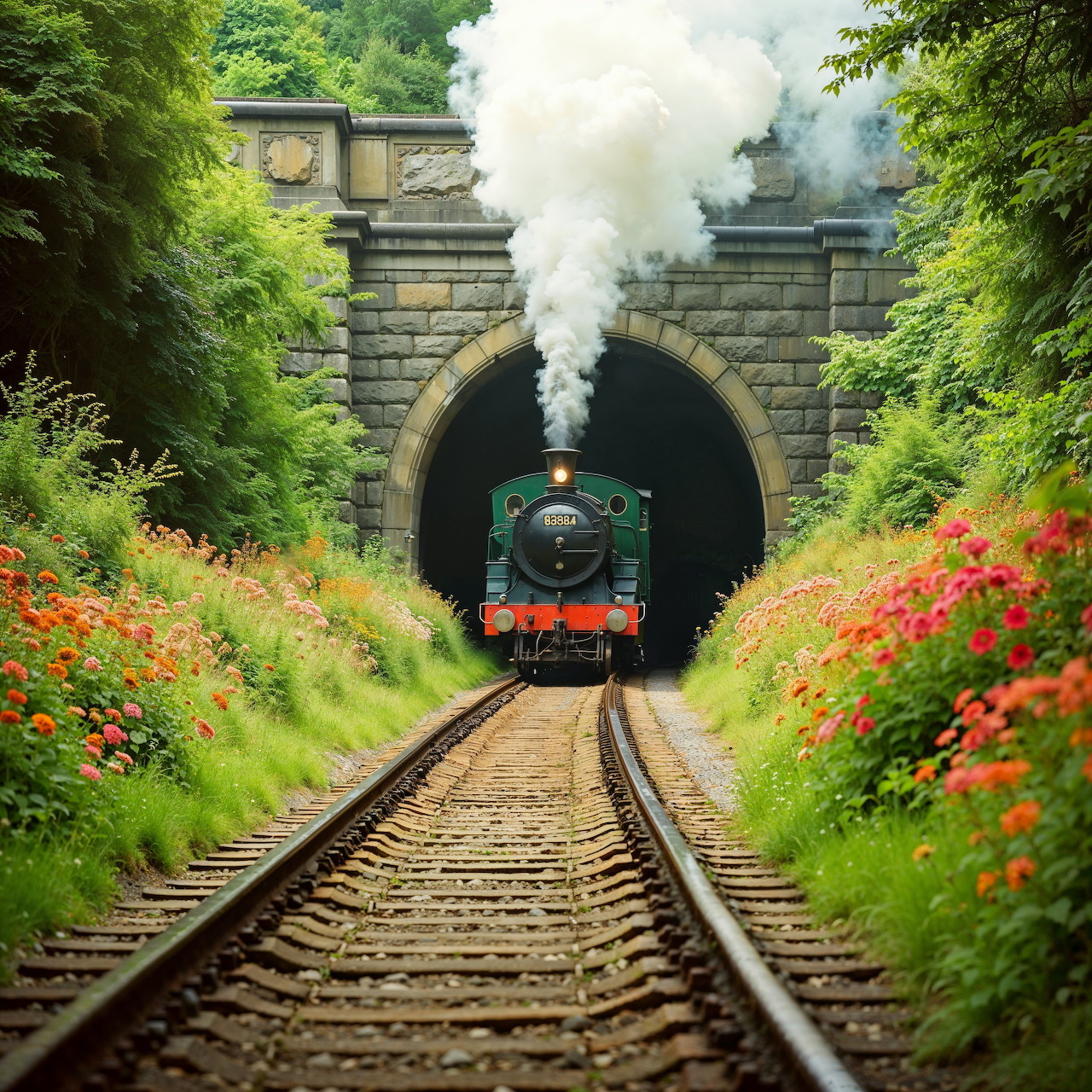 Green steam train exiting stone tunnel with smoke, framed by foliage and red flowers