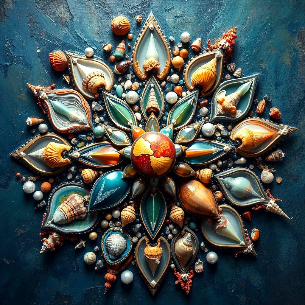 Decorative mandala with seashells, pearls, and jewel elements in symmetrical floral pattern on blue background