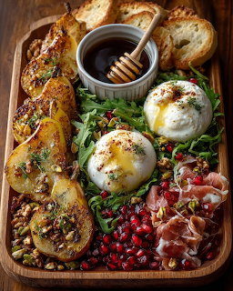Gourmet cheese and charcuterie board with brie, eggs, pomegranate, prosciutto, honey, and bread on wooden platter