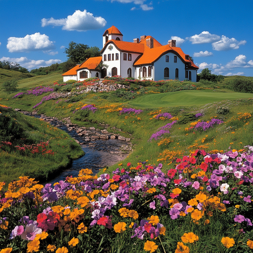 White cottage on hillside with vibrant flower gardens and blue sky
