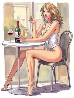 Illustration of a woman with curly hair in a white dress sitting at a café table with wine