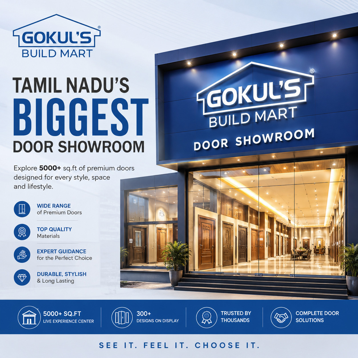 Promotional poster for Gokul's Build Mart with showroom text and a modern door showroom photo