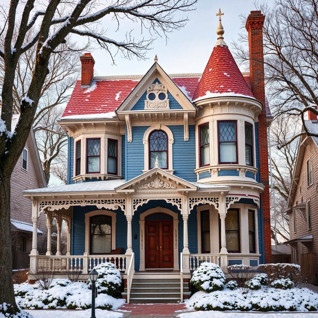 Blue Victorian mansion with red turret roof and white trim in snowy winter setting