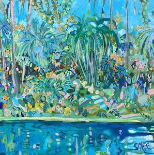 Colorful painting of a tropical garden with palms, flowers, and a blue reflecting pool