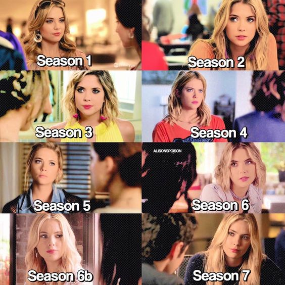 Collage of seven close-up images of a blonde woman with Season 1 through Season 7 labels