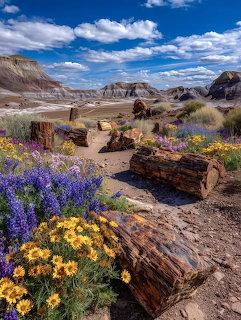Petrified logs with purple and yellow wildflowers in Arizona badlands under blue sky with clouds