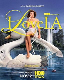 Poster showing a woman standing on a white swan pool float in blue water with large yellow text