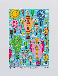 James Rizzi pop art illustration of colorful hot air balloons with faces floating in a blue sky with clouds and a smiling sun.