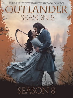 Outlander Season 8 poster with couple in historical dress embracing outdoors