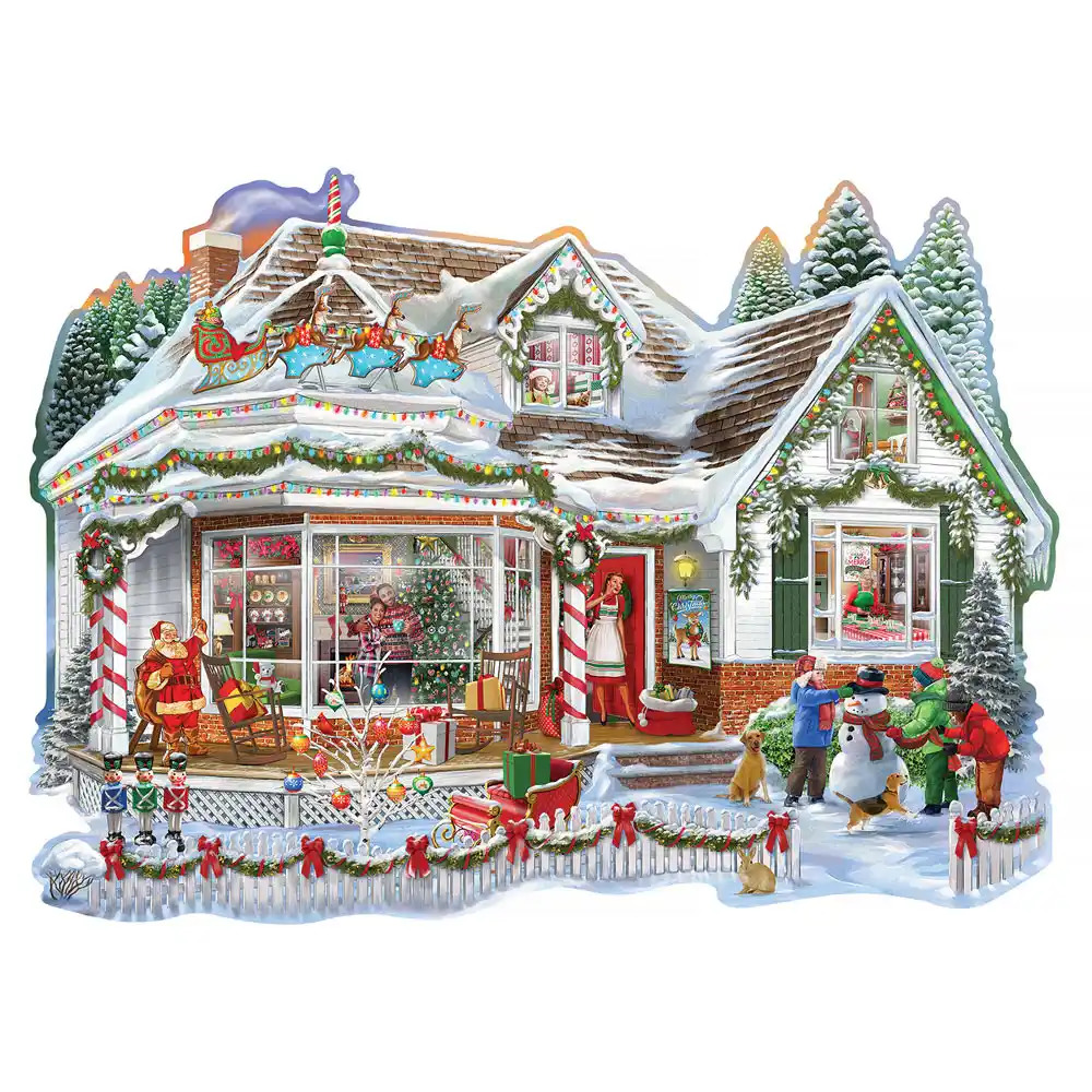 Snowy Christmas cottage illustration with lights, wreaths, Santa, and children outside