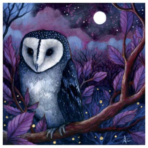 Painted barn owl on a branch in a purple forest at night under a full moon