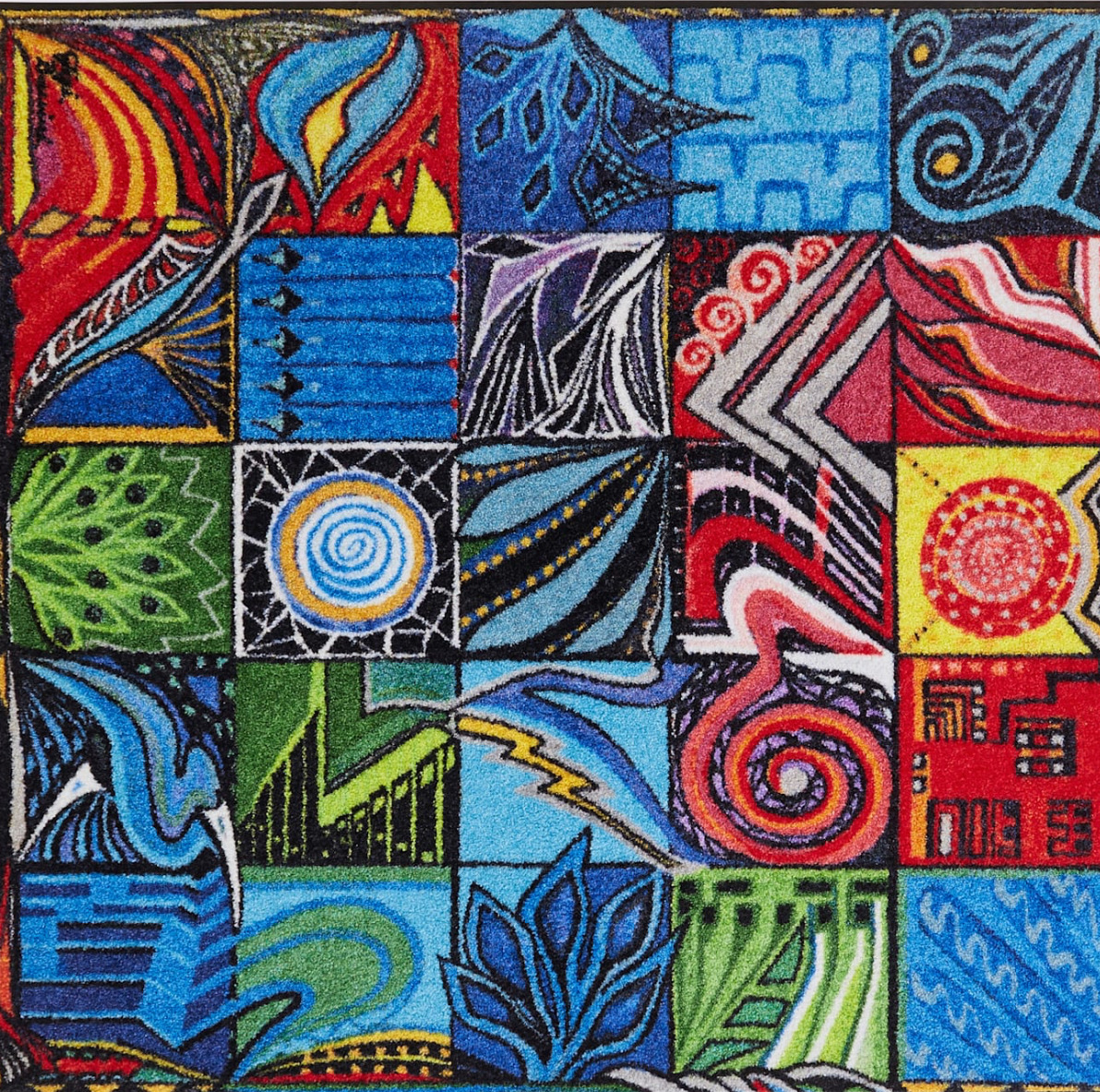Grid of 25 colorful abstract art squares with varied patterns including spirals, waves, zigzags, and geometric designs