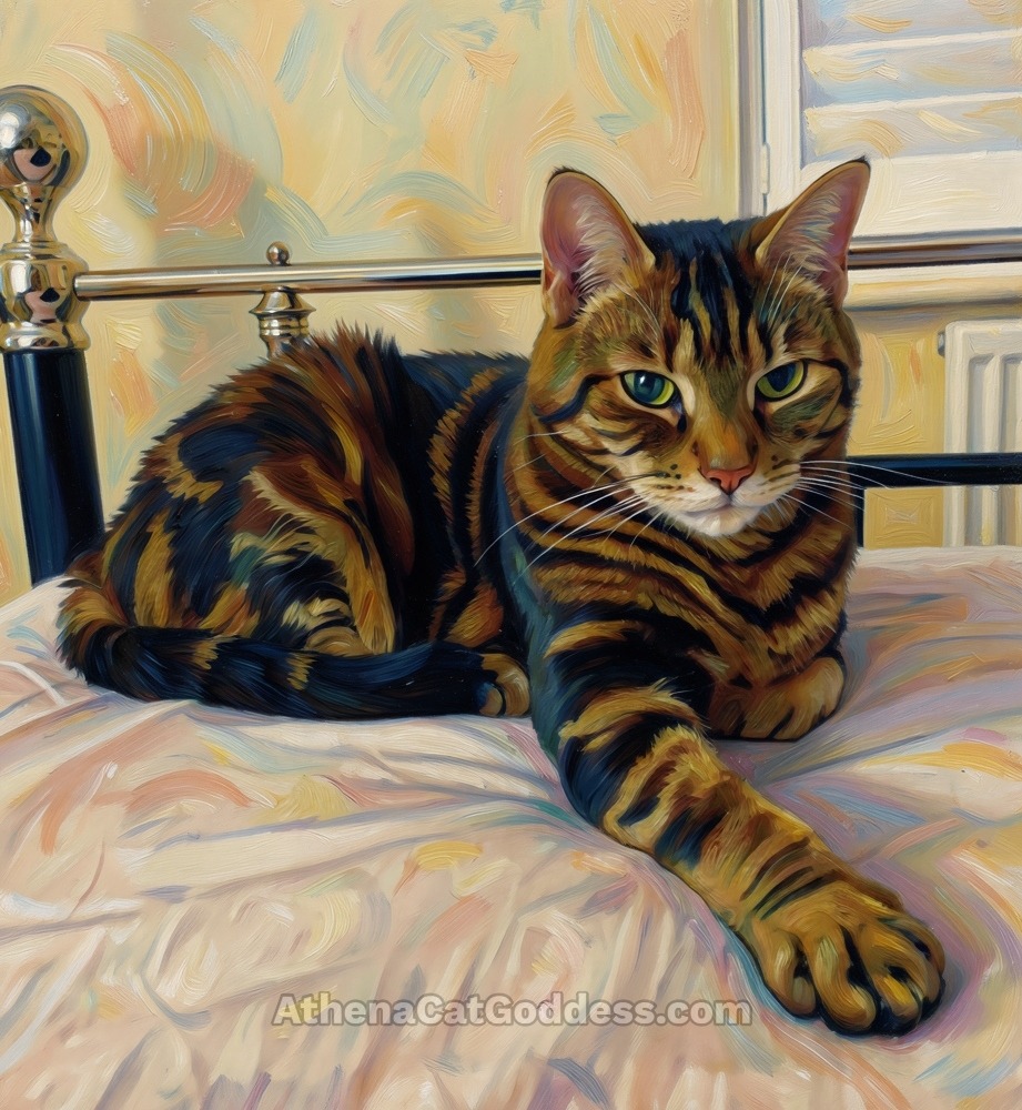 Stylized painting of a tabby cat lying on a white bed indoors