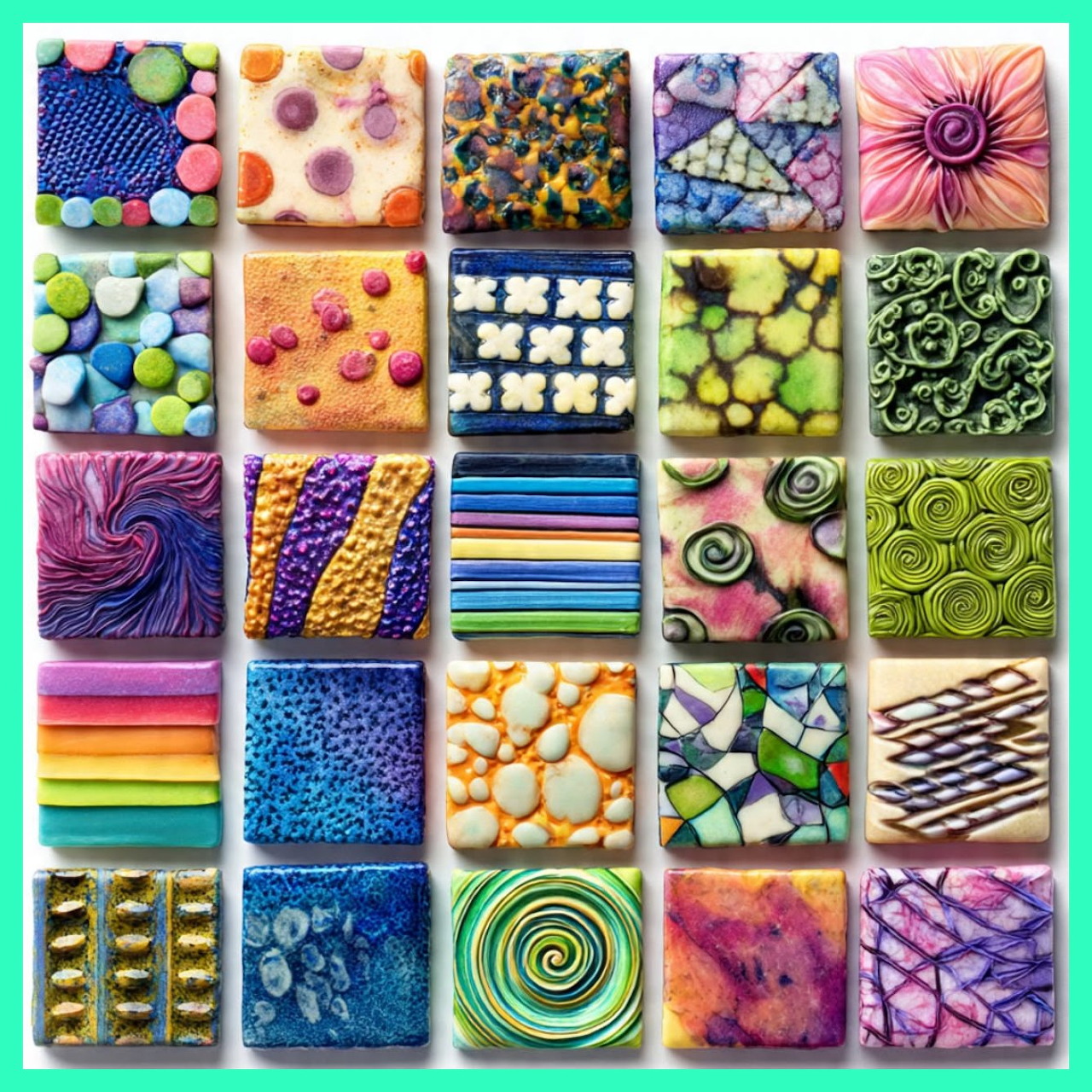Colorful collage of polymer clay square tiles with swirls, stripes, and textured patterns