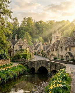 Stone cottages and a bridge over a stream in a sunlit village