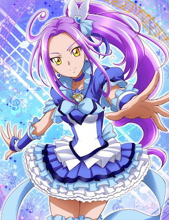 Anime girl with purple hair wearing a blue and white ruffled dress against a sparkly blue background