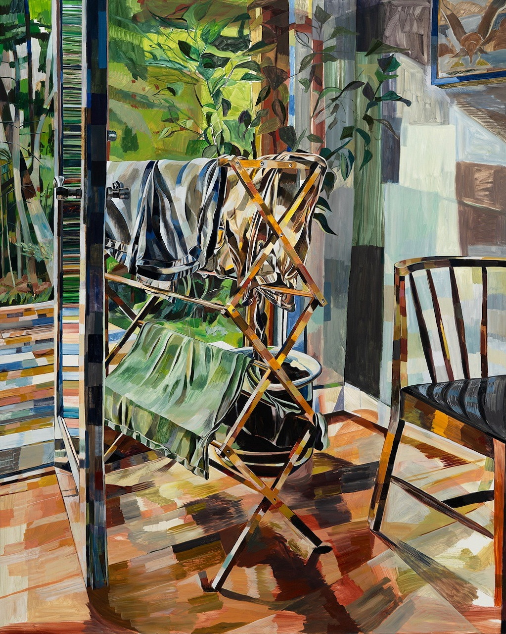 Painting of wooden laundry rack in bright interior with geometric tile floor and tropical plants