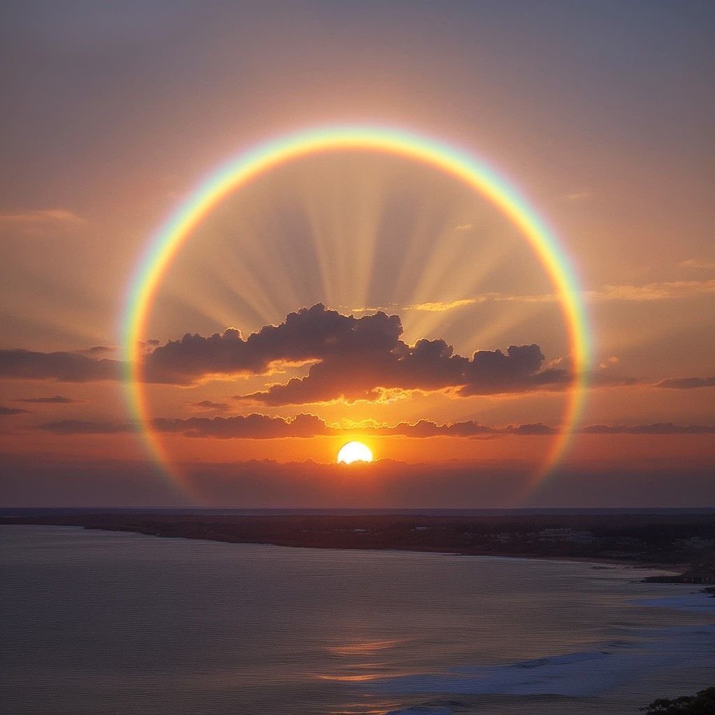 Sunset over water with clouds and a bright circular halo around the sun