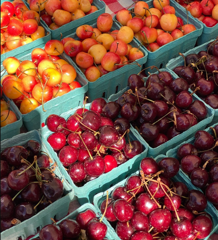 Multiple baskets of Rainier and dark red cherries displayed at a farm stand market
