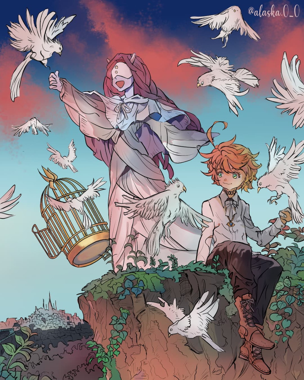 Two anime characters sit on a cliff with white birds flying around them against a colorful sunset sky
