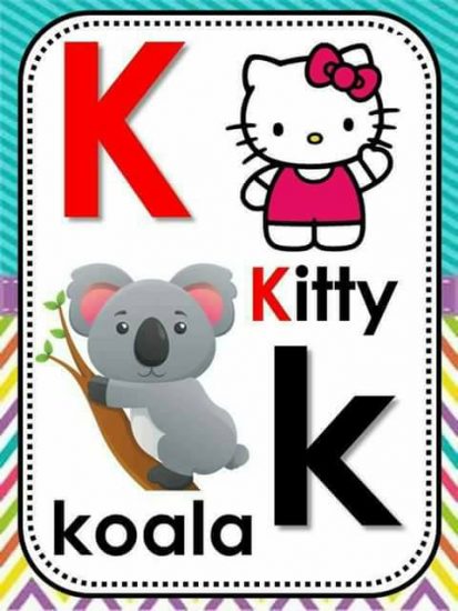 Alphabet card for letter K showing Hello Kitty and a koala bear with uppercase K and lowercase k