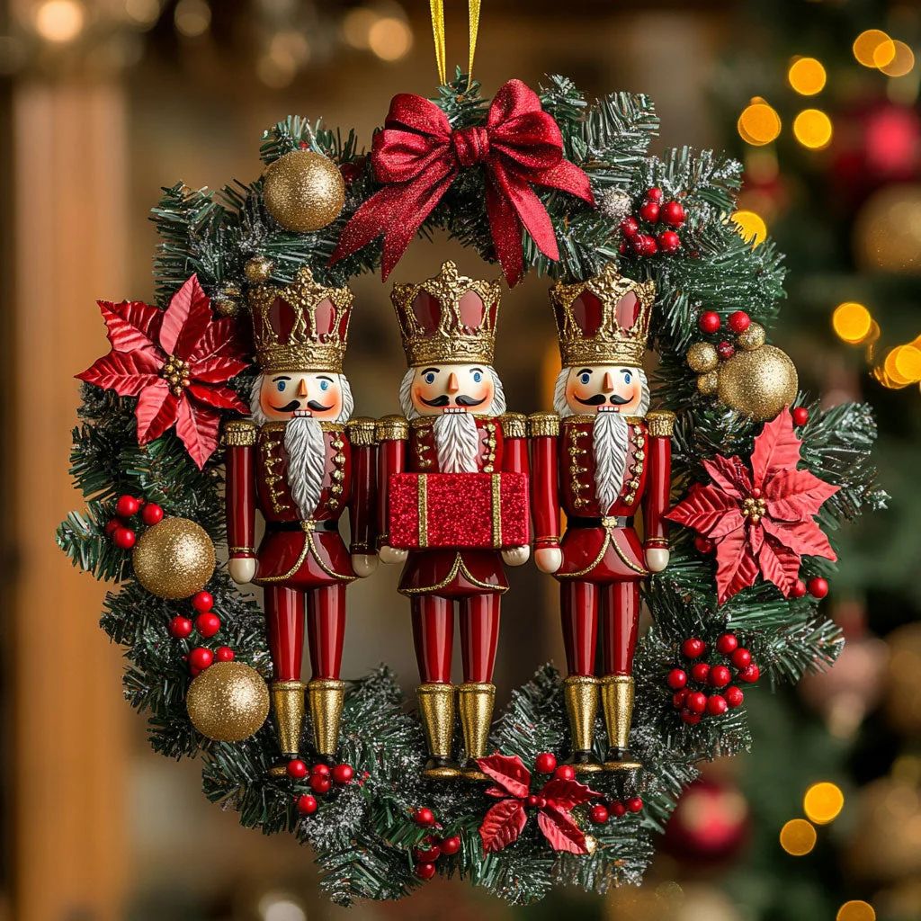 Christmas wreath with three nutcracker soldiers, red poinsettias, gold ornaments, and a red bow