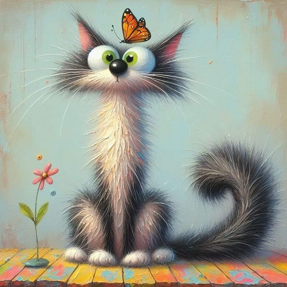 Fluffy cartoon cat with large eyes and a butterfly on its head next to a flower