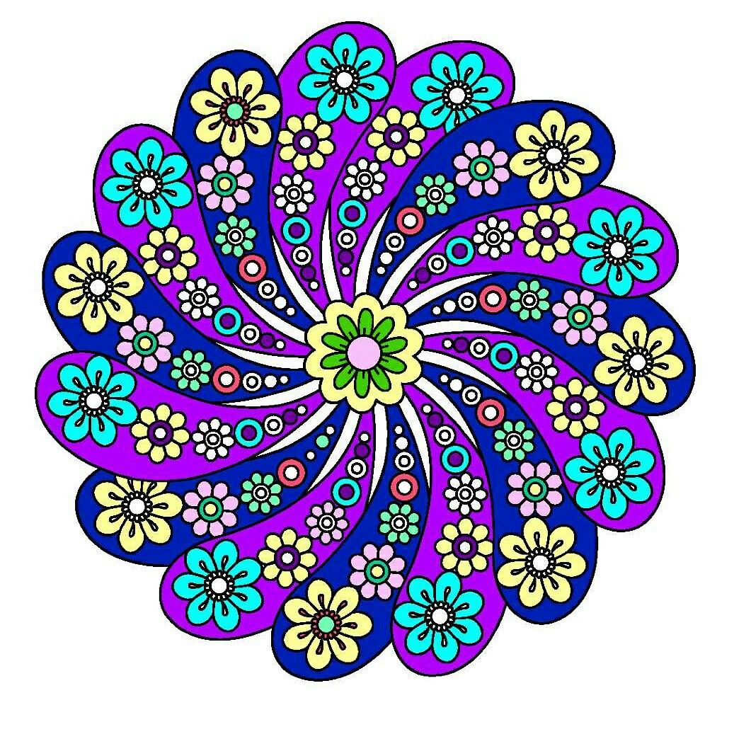 Circular mandala with spiral pattern of cyan, yellow, and white flowers on blue and purple swirled background