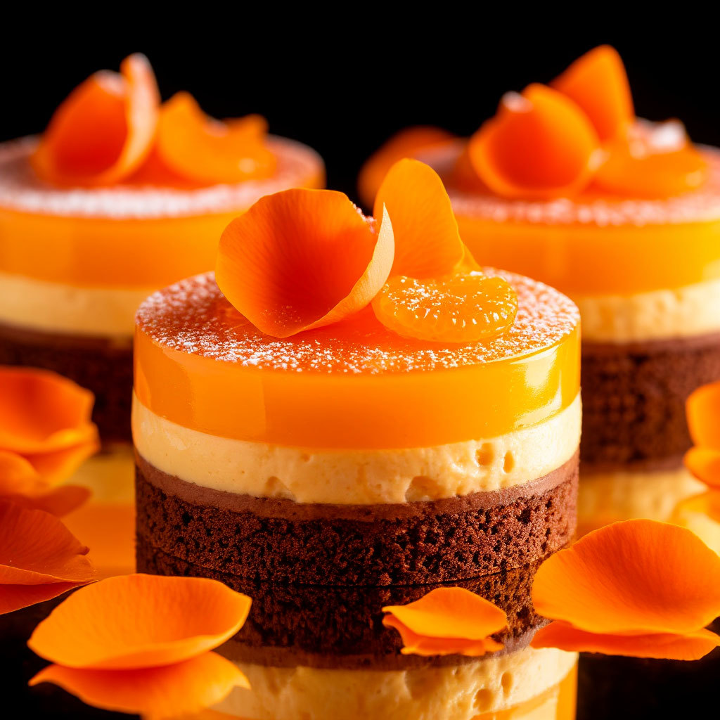 Three layered dessert cakes with chocolate, cream, and orange jelly, topped with orange flower petals