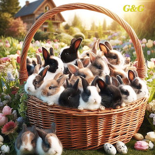 Wicker basket overflowing with baby bunnies of different colors in a flower garden with Easter eggs