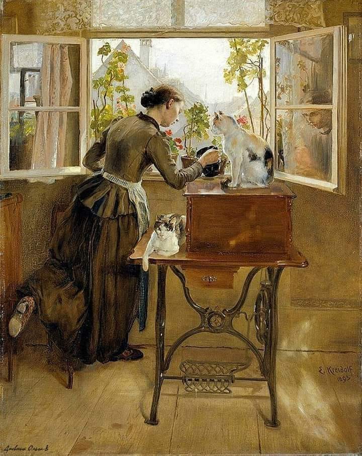 Woman in long dress caring for white cat on wooden table near open window with plants and morning sunlight