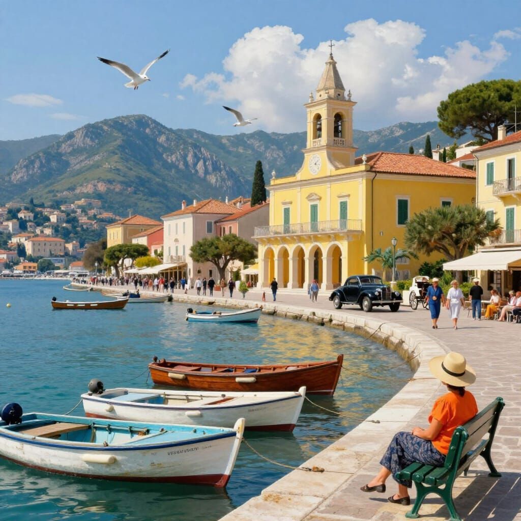 Small boats docked at sunny Mediterranean harbor with church and mountains