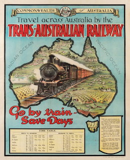 Vintage poster of a steam train over a map of Australia with railway text and timetable boxes.