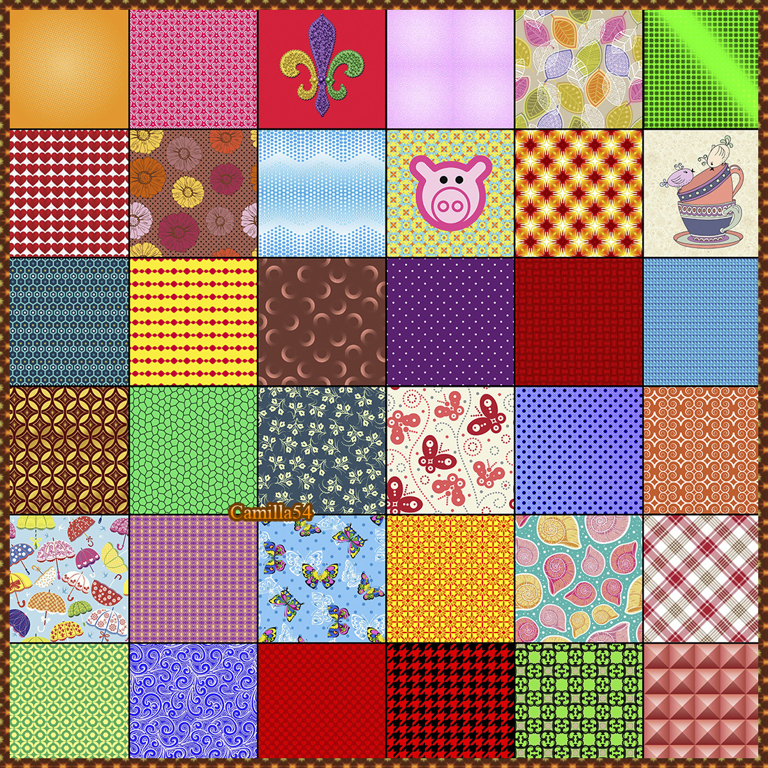 Grid of 49 colorful fabric pattern squares arranged in patchwork quilt design with varied textures and motifs