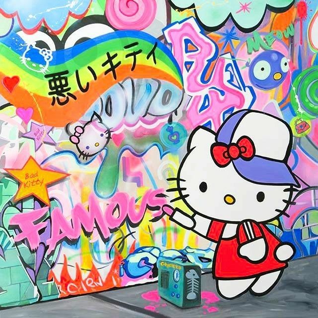 Hello Kitty character in front of bright rainbow graffiti wall with spray paint cans