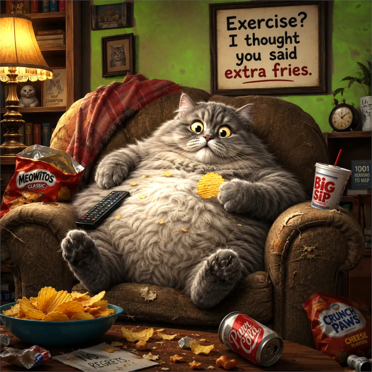 Chubby gray cat relaxing on couch with snacks and junk food scattered around in living room