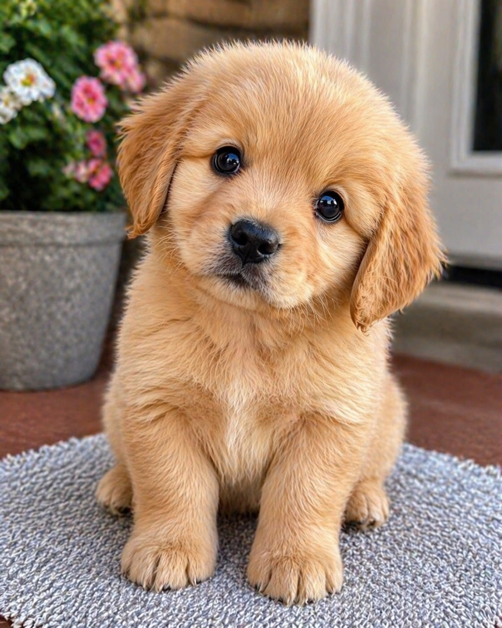 Fluffy golden retriever puppy sitting on a doormat with pink flowers in the background
