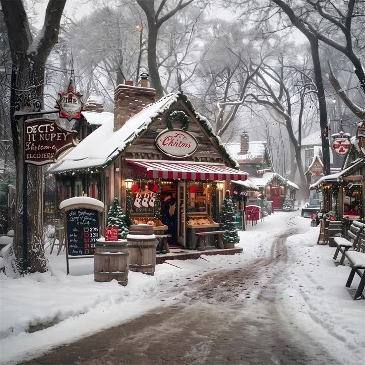 Snowy Christmas cottage shop beside a winding village path in a misty winter forest