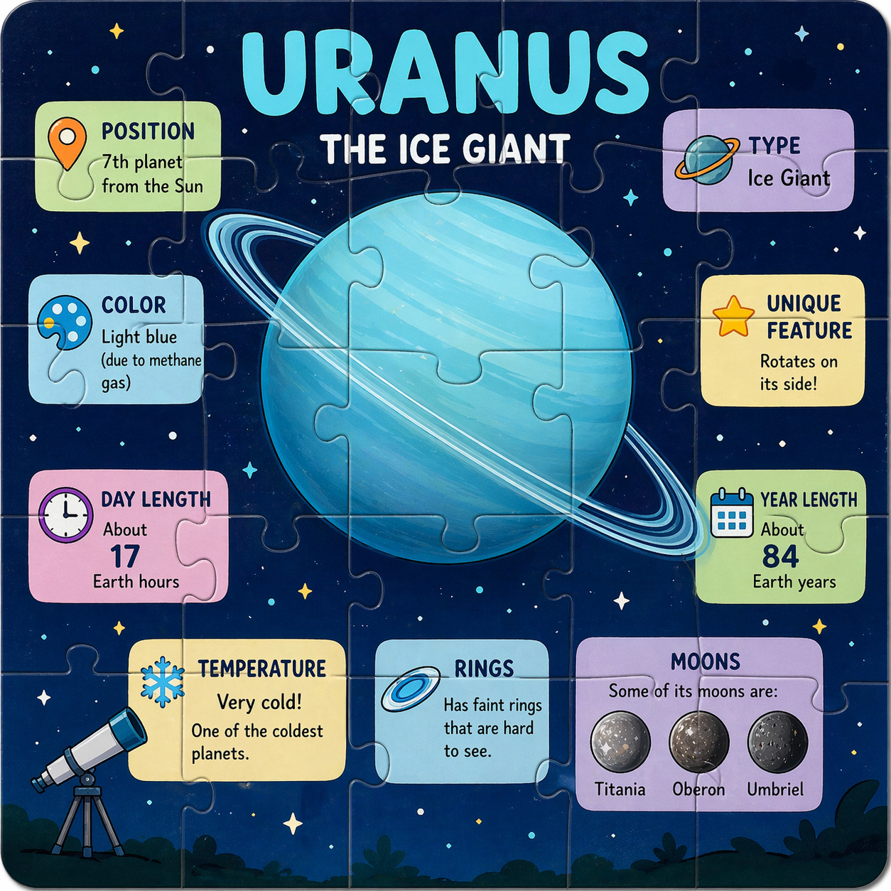 Infographic showing Uranus planet with facts including position, color, temperature, rings, and moons on dark space background